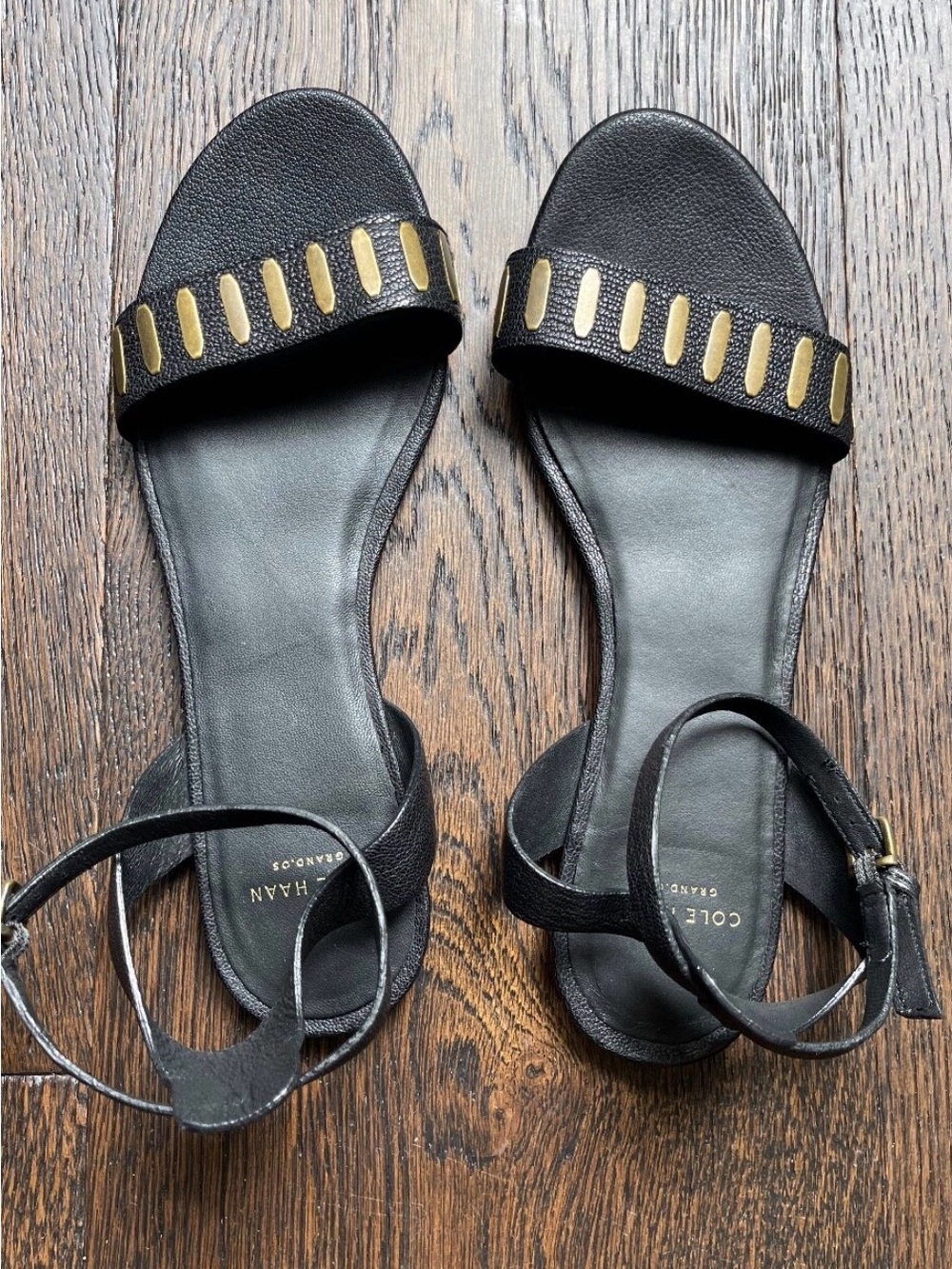Cole Haan Black Leather Ankle-Strap Sandals with Gold Accents - Picture 2 of 7